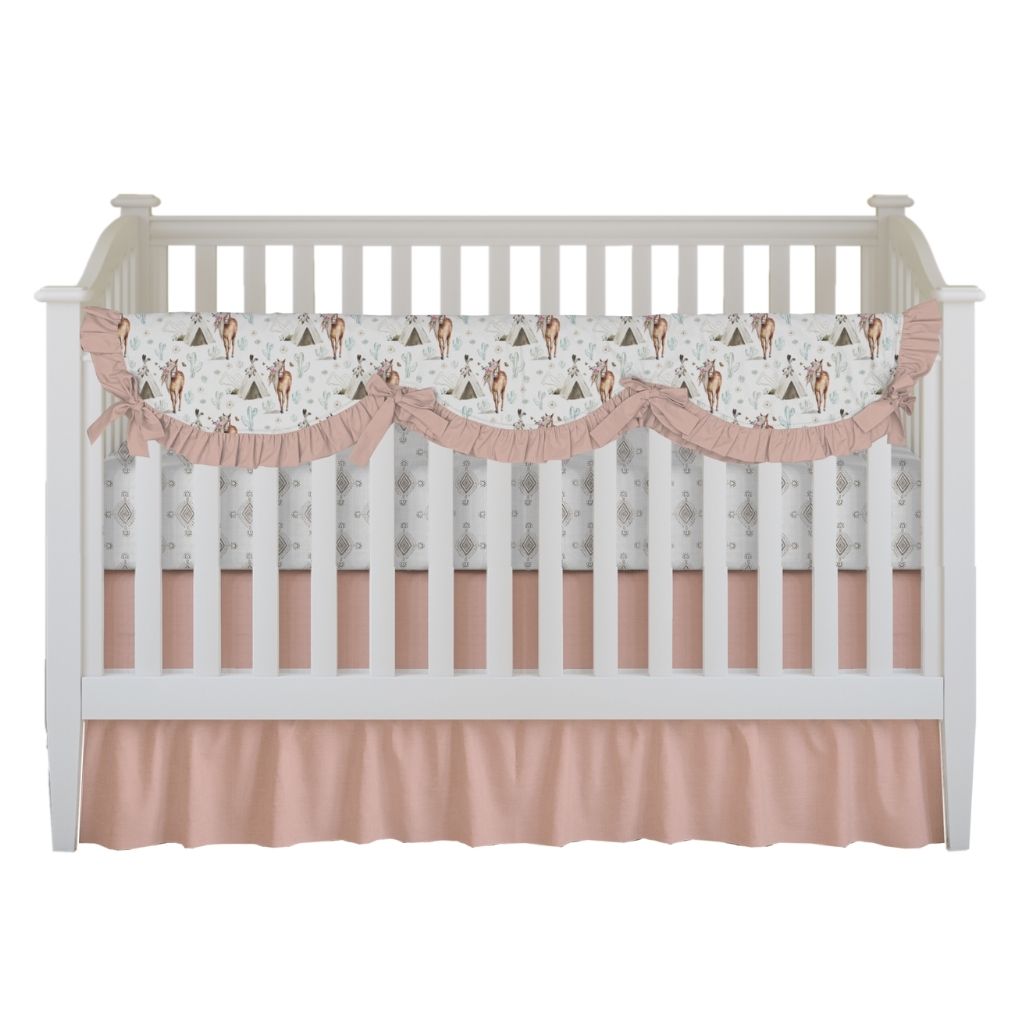 Floral Horse Crib Set with Ruffled Rail Cover, Lucky in Brown Crib Sheet and Cameo Ruffles & Crib Skirt Custom Crib & Toddler Bedding, EllieGrace Baby