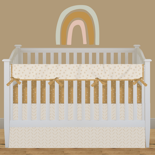Golden Mustard Crib bedding includes crib rail cover with daisies, crib sheet, and flat crib skirt with chevron stripes in mustard with cream background