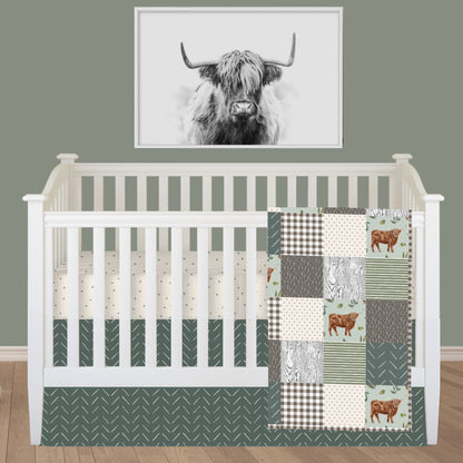 Highland Cow in Mint 3 pc Quilt Set