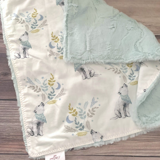 Arctic Wolf Cub Lovey Blanket with Ice Minky Hide, Available in Lovey size, Baby Blanket size, or toddler size
