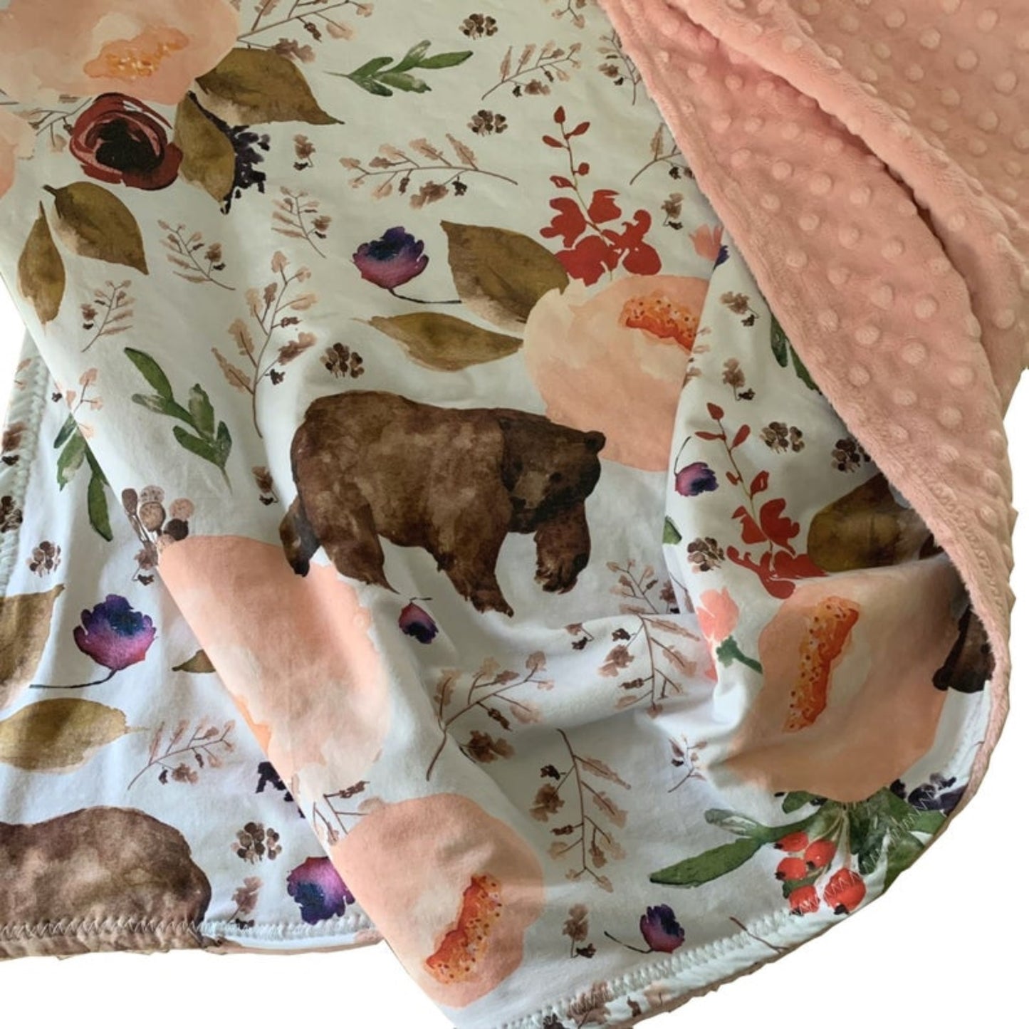 Large Floral Bear in Ice Minky Blanket