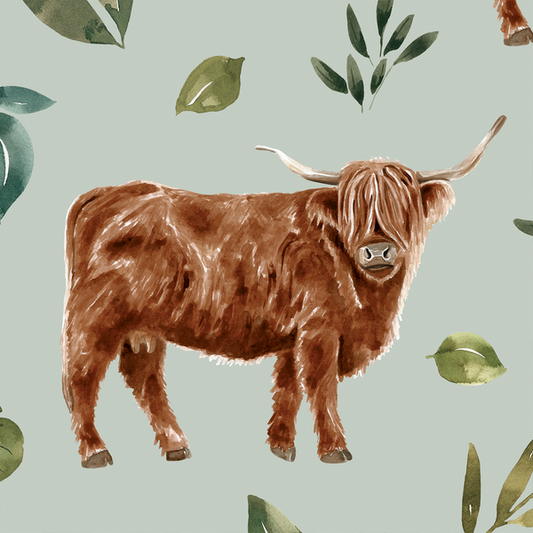 Large Highland Cow in Botanical Mint