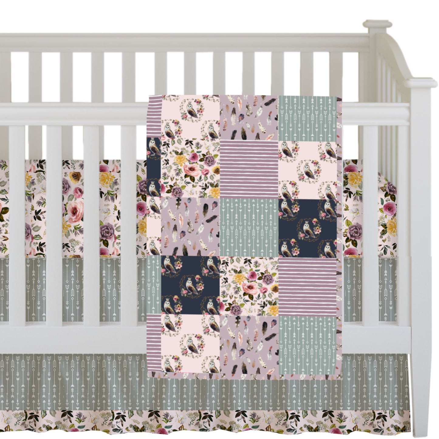 Cambridge Owls in Soft Blush and Sage Patchwork Quilt