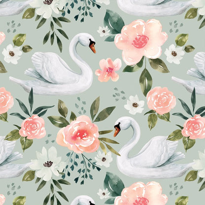 Swans in Mint close up - white swans with pink florals on a mint background