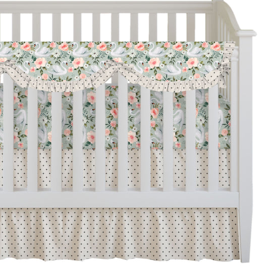 3 pc Swan Crib Bedding includes Swans in mint ruffled rail cover with Dashes in Cream ruffles and ties, swans in mint crib sheet and Dashes in cream ruffled crib skirt with little plus signs